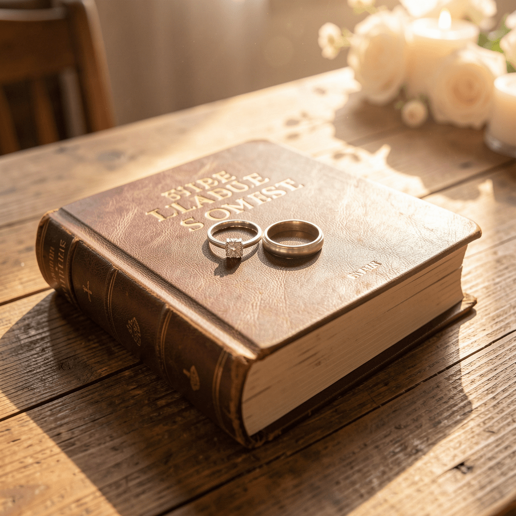 bible and wedding rings Christian marriage blessing